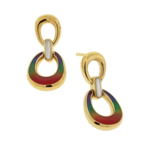 18K Gold Vermeil with Mother of Pearl and Hand Painted Enamel Sterling Silver 2-Tiered Drop Earrings