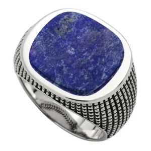 Lapis Sterling Silver Cross Etched Ring