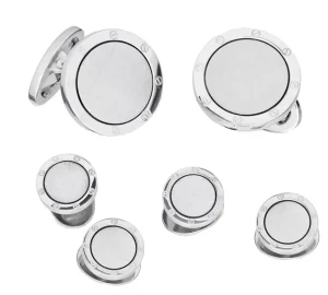 Matte with Shiny Etch Detail Rim Sterling Silver Cufflinks & Tuxedo Studs
