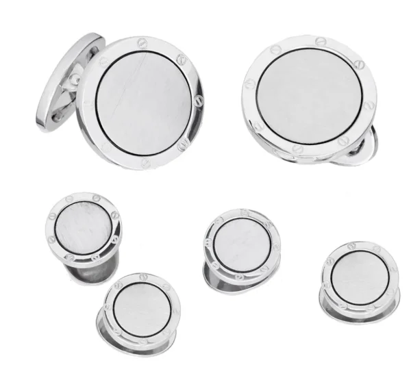 Matte with Shiny Etch Detail Rim Sterling Silver Cufflinks & Tuxedo Studs