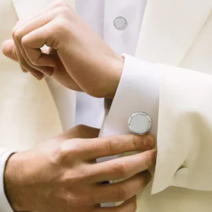 Matte with Shiny Etch Detail Rim Sterling Silver Cufflinks & Tuxedo Studs