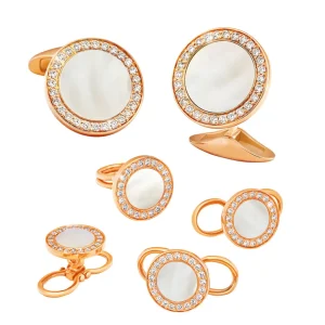 Mother of Pearl & Diamonds 18K Rose Gold Tuxedo Studs and Cufflinks Set