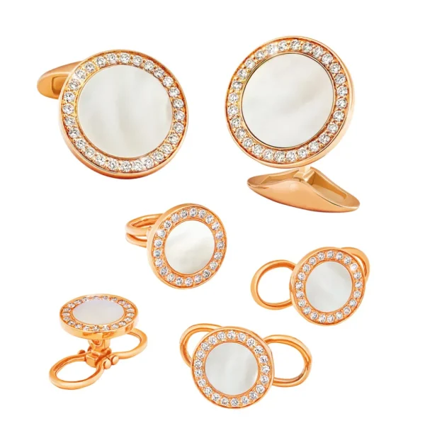 Mother of Pearl & Diamonds 18K Rose Gold Tuxedo Studs and Cufflinks Set