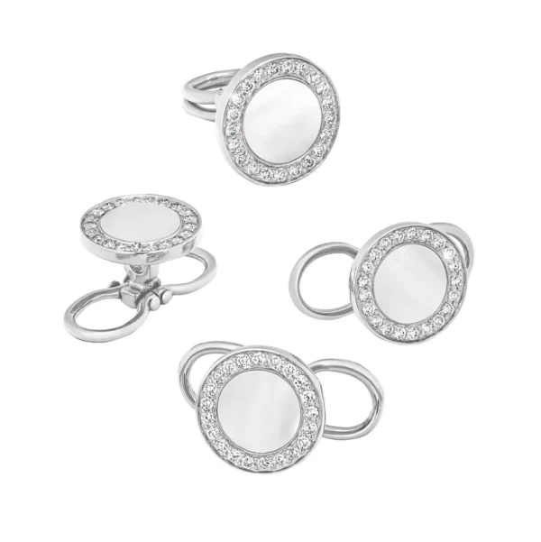 Mother of Pearl & Diamond 18k White Gold Tuxedo Studs