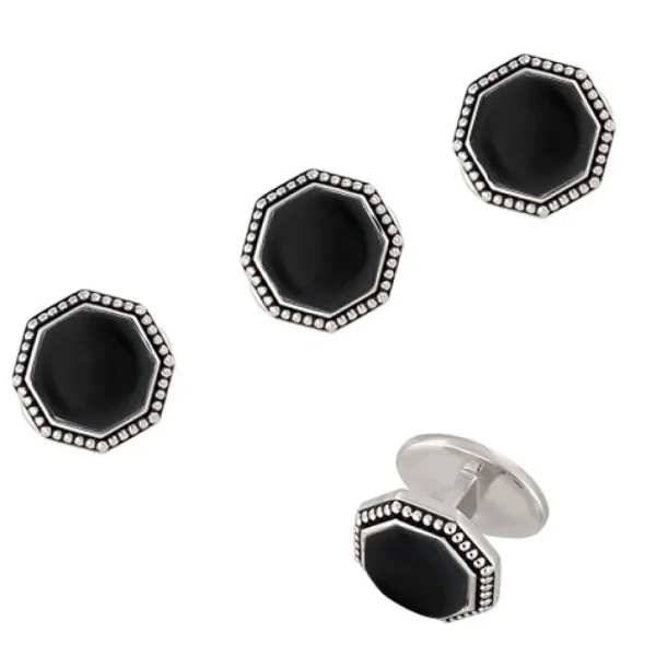 Octagon Gemstone Antique Border Sterling Tuxedo Studs
