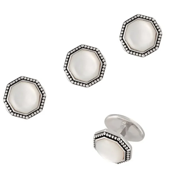 Octagon Gemstone Antique Border Sterling Tuxedo Studs
