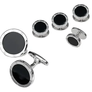 Onyx Gemstone Rivet Etch Sterling Cufflinks & Studs