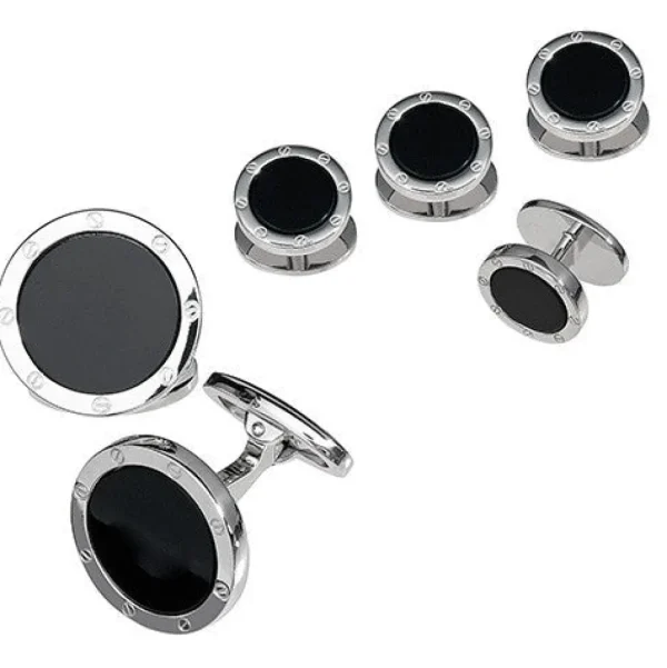 Onyx Gemstone Rivet Etch Sterling Cufflinks & Studs