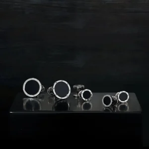 Onyx Gemstone Rivet Etch Sterling Cufflinks & Studs