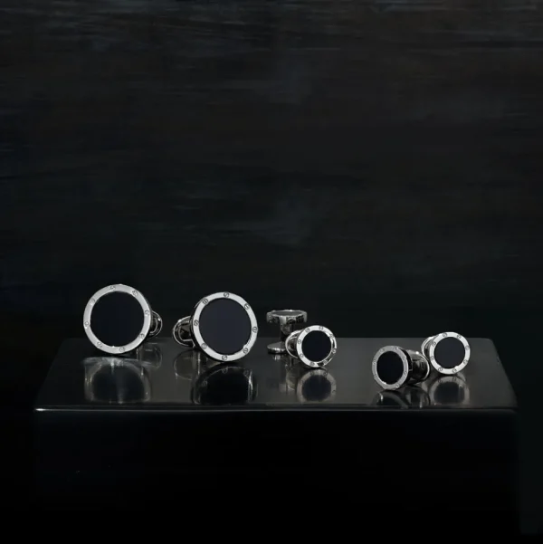 Onyx Gemstone Rivet Etch Sterling Cufflinks & Studs