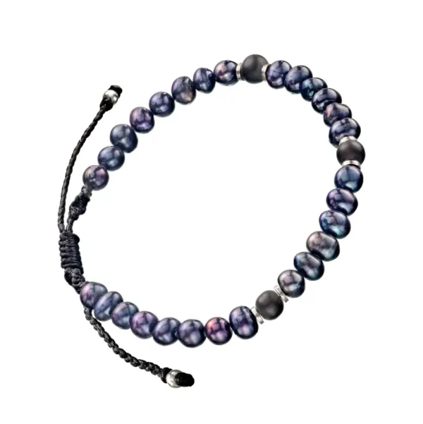Pearl, Onyx Sterling Beaded Pull Cord Bracelet