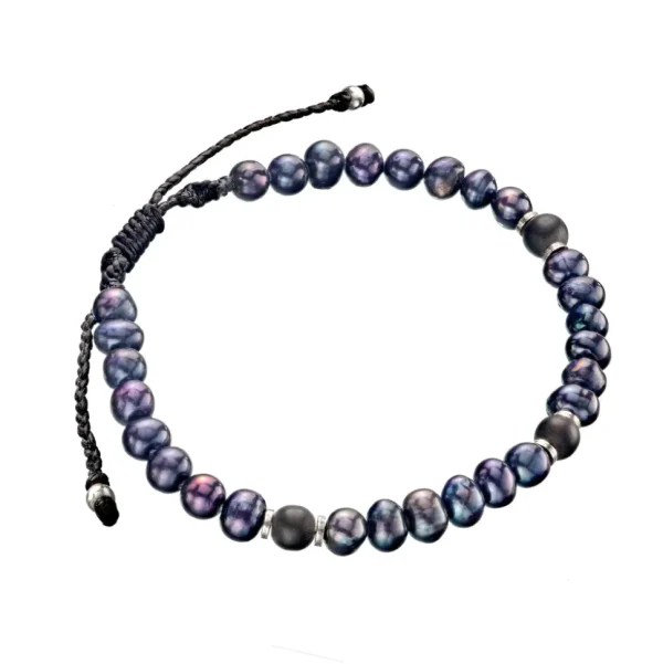 Pearl, Onyx Sterling Beaded Pull Cord Bracelet