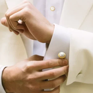 Pearl with Thick Border 18K Yellow Gold Tuxedo Studs