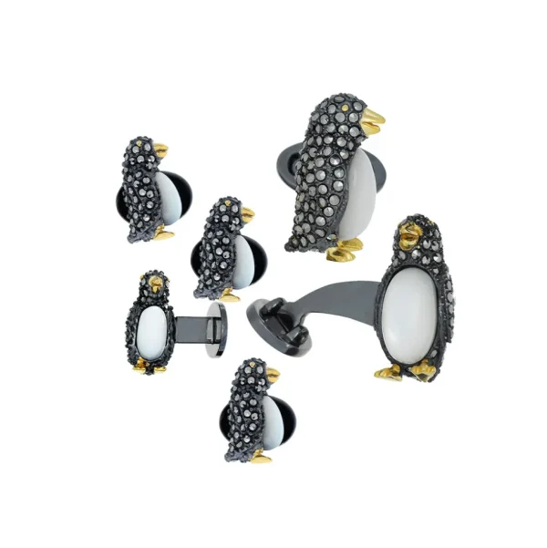 Penguin Marcasite & Mother Pearl Sterling Cufflinks and Studs Set