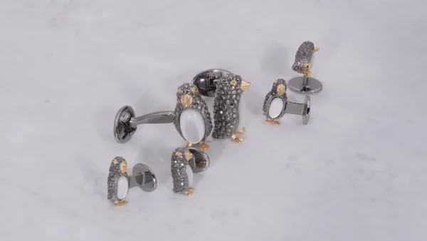 Penguin Marcasite & Mother Pearl Sterling Cufflinks and Studs Set