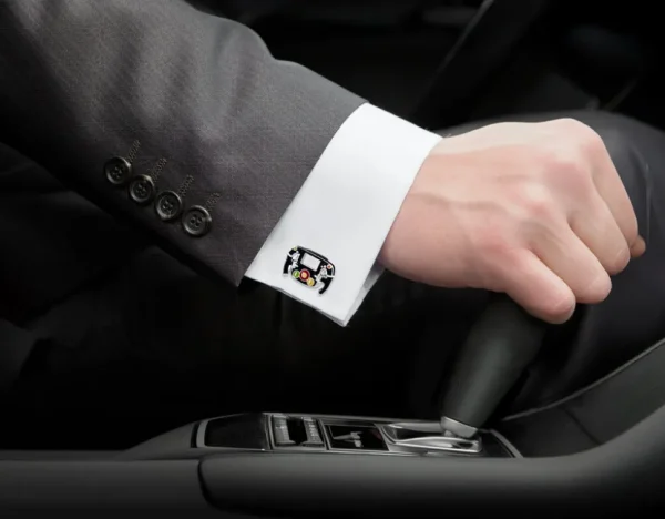 Race Car Steering Wheel Enamel Sterling Cufflinks