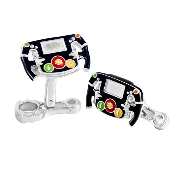 Race Car Steering Wheel Enamel Sterling Cufflinks