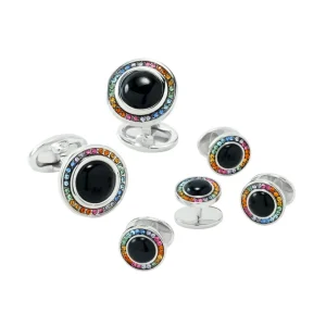 Rainbow Pave' Onyx Sterling Cufflinks & Studs