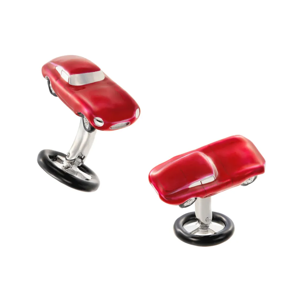 Red Vintage Car Sterling Cufflinks with Steering Wheel Backs