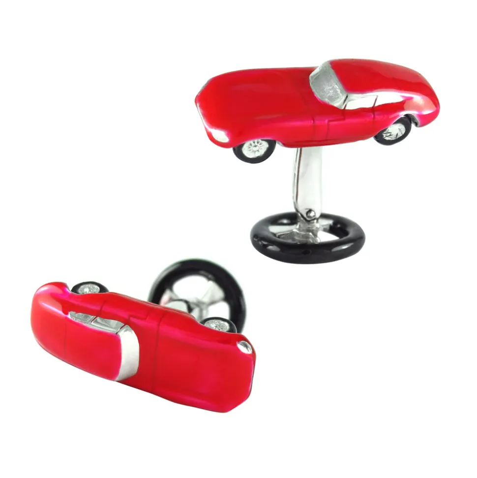 Red Vintage Car Sterling Cufflinks with Steering Wheel Backs