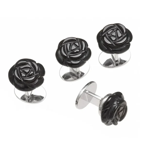 Rose Carved Gemstone Sterling Tuxedo Studs