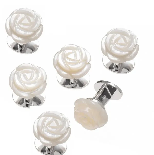 Rose Carved Mother of Pearl 6 SIX Sterling Tuxedo Studs