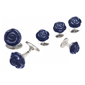 Rose Hand Carved Blue Goldstone Cufflinks and Stud Set