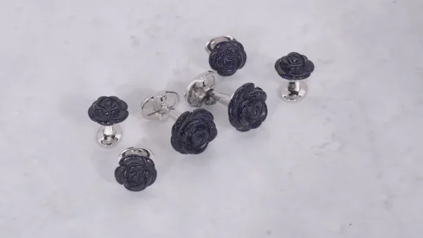 Rose Hand Carved Blue Goldstone Cufflinks and Stud Set
