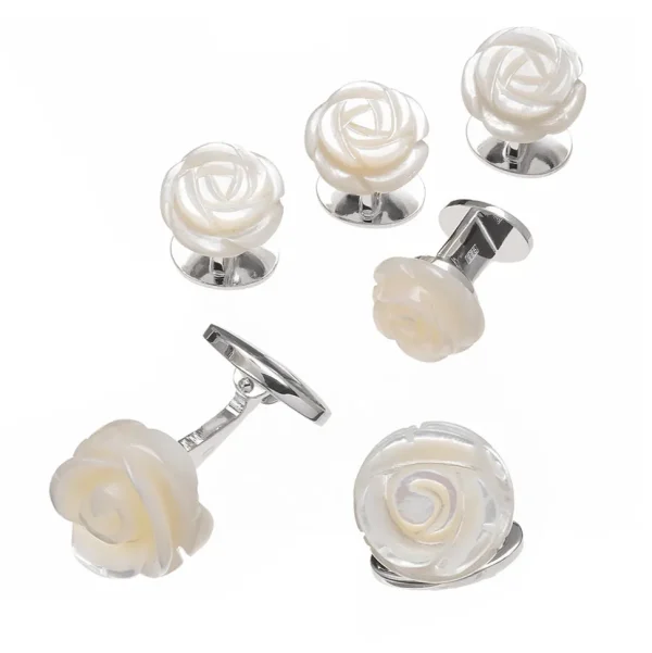 Rose Hand Carved Gemstone Sterling Cufflinks & Studs