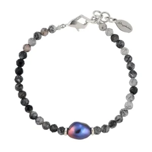 Rutliated Quartz Beaded Bracelet with Grey Pearl