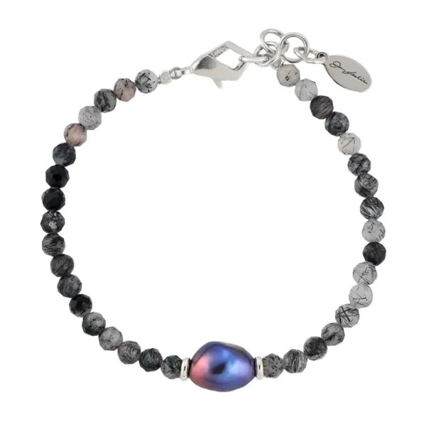 Rutliated Quartz Beaded Bracelet with Grey Pearl