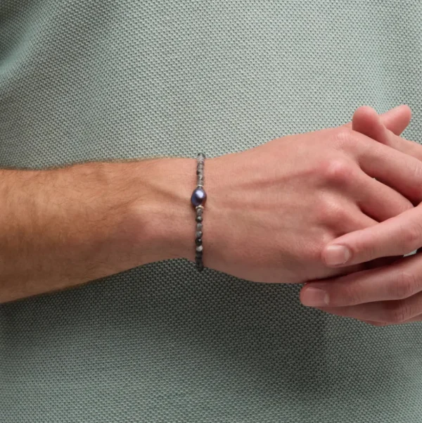 Rutliated Quartz Beaded Bracelet with Grey Pearl