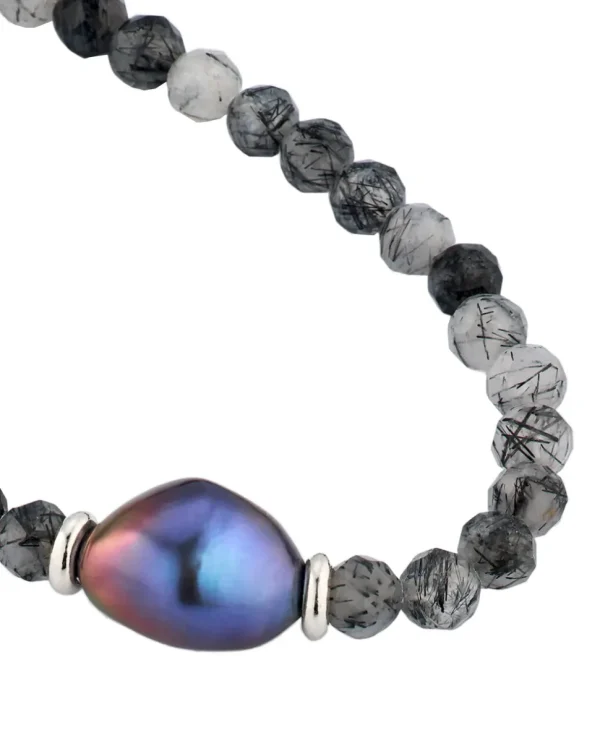 Rutliated Quartz Beaded Bracelet with Grey Pearl