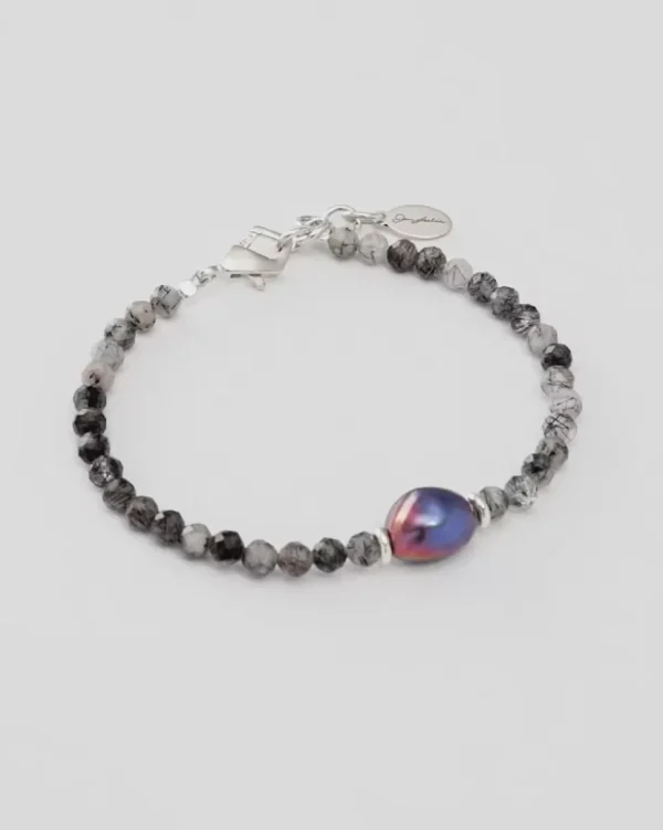 Rutliated Quartz Beaded Bracelet with Grey Pearl