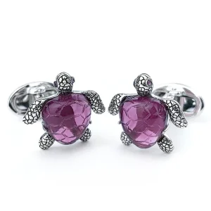 Sea Turtle Hand Carved Purple Quartz Sterling Cufflinks