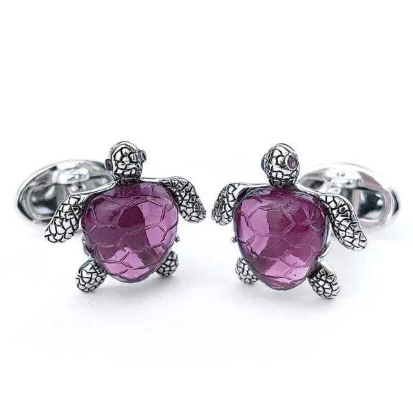Sea Turtle Hand Carved Purple Quartz Sterling Cufflinks