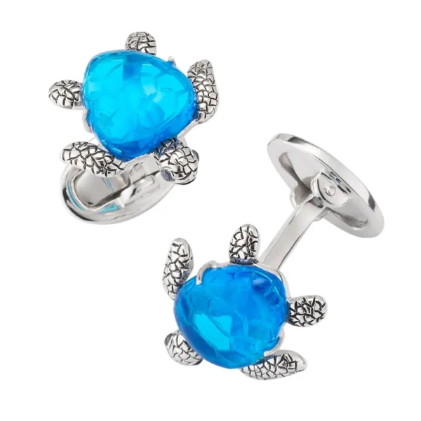 Sea Turtle with Hand Carved Quartz Sterling Cufflinks