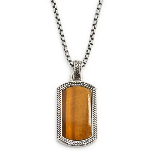 Tiger's Eye Gemstone Plaque Sterling Silver Pendant Necklace
