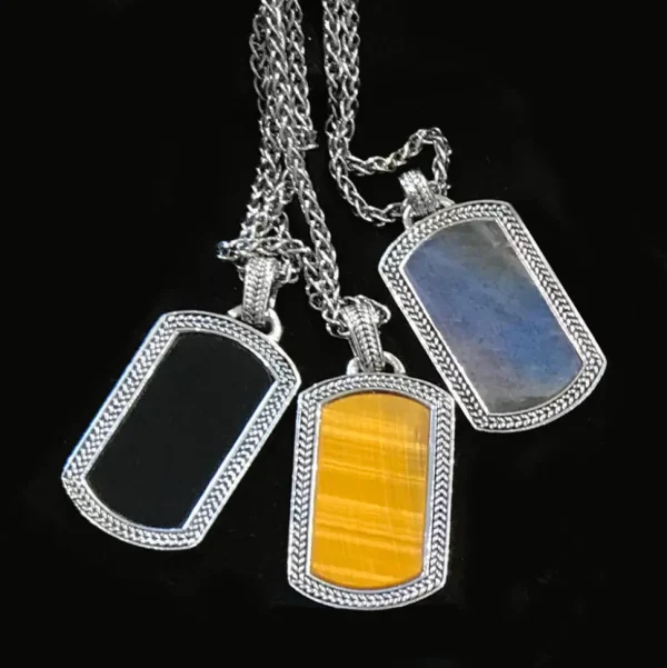 Tiger's Eye Gemstone Plaque Sterling Silver Pendant Necklace