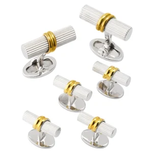 Tube Sterling Silver Cufflinks and Studs Set 18K Gold Vermeil Accent