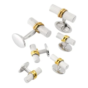 Tube Sterling Silver Cufflinks and Studs Set 18K Gold Vermeil Accent