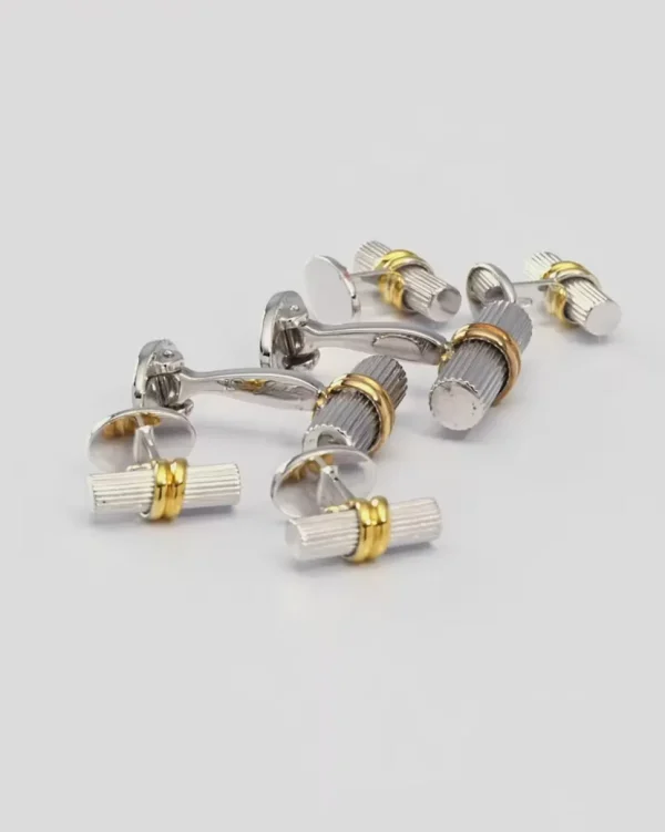 Tube Sterling Silver Cufflinks and Studs Set 18K Gold Vermeil Accent