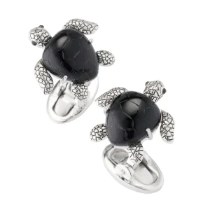 Turtle Carved Black Onyx Sterling Cufflinks