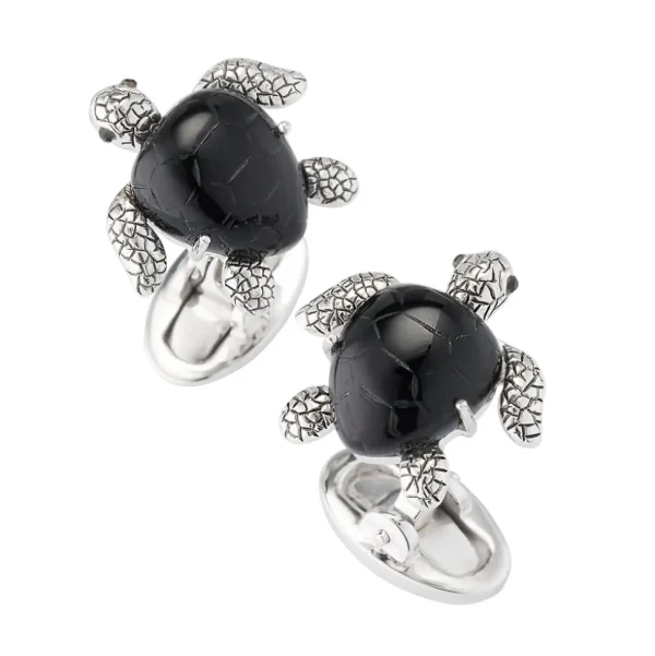 Turtle Carved Black Onyx Sterling Cufflinks