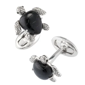 Turtle Carved Black Onyx Sterling Cufflinks