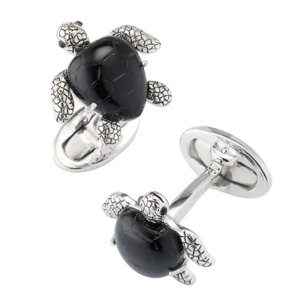 Turtle Carved Black Onyx Sterling Cufflinks