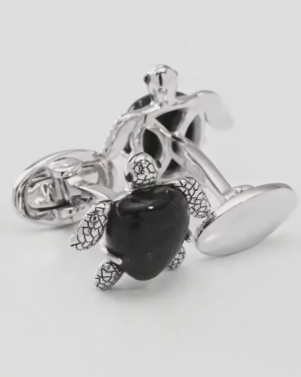 Turtle Carved Black Onyx Sterling Cufflinks