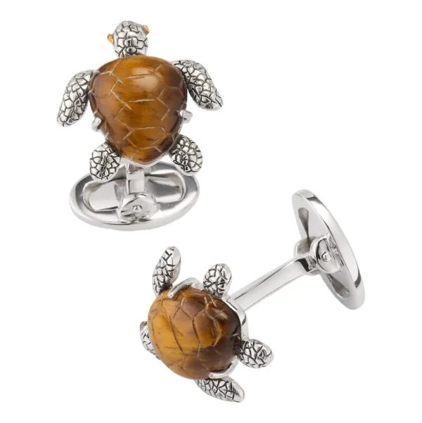Turtle Carved Tiger Eye Sterling Cufflinks