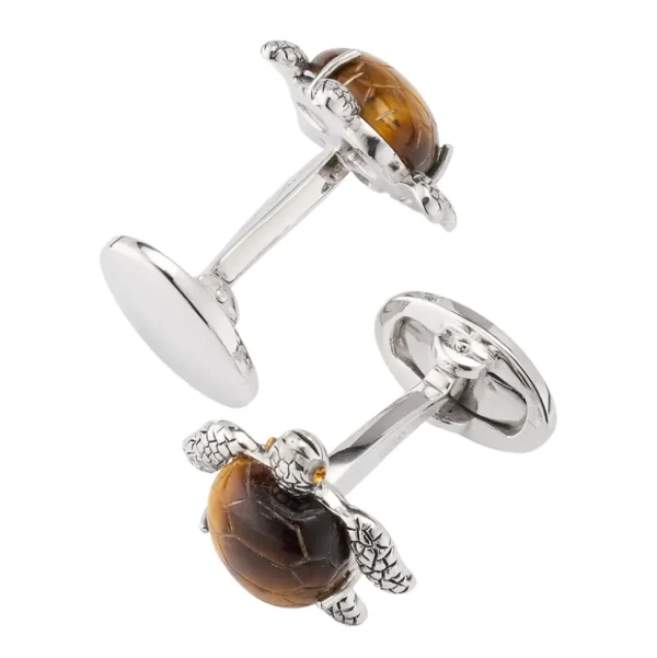 Turtle Carved Tiger Eye Sterling Cufflinks