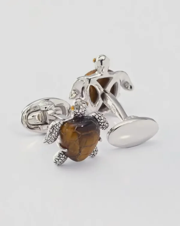 Turtle Carved Tiger Eye Sterling Cufflinks